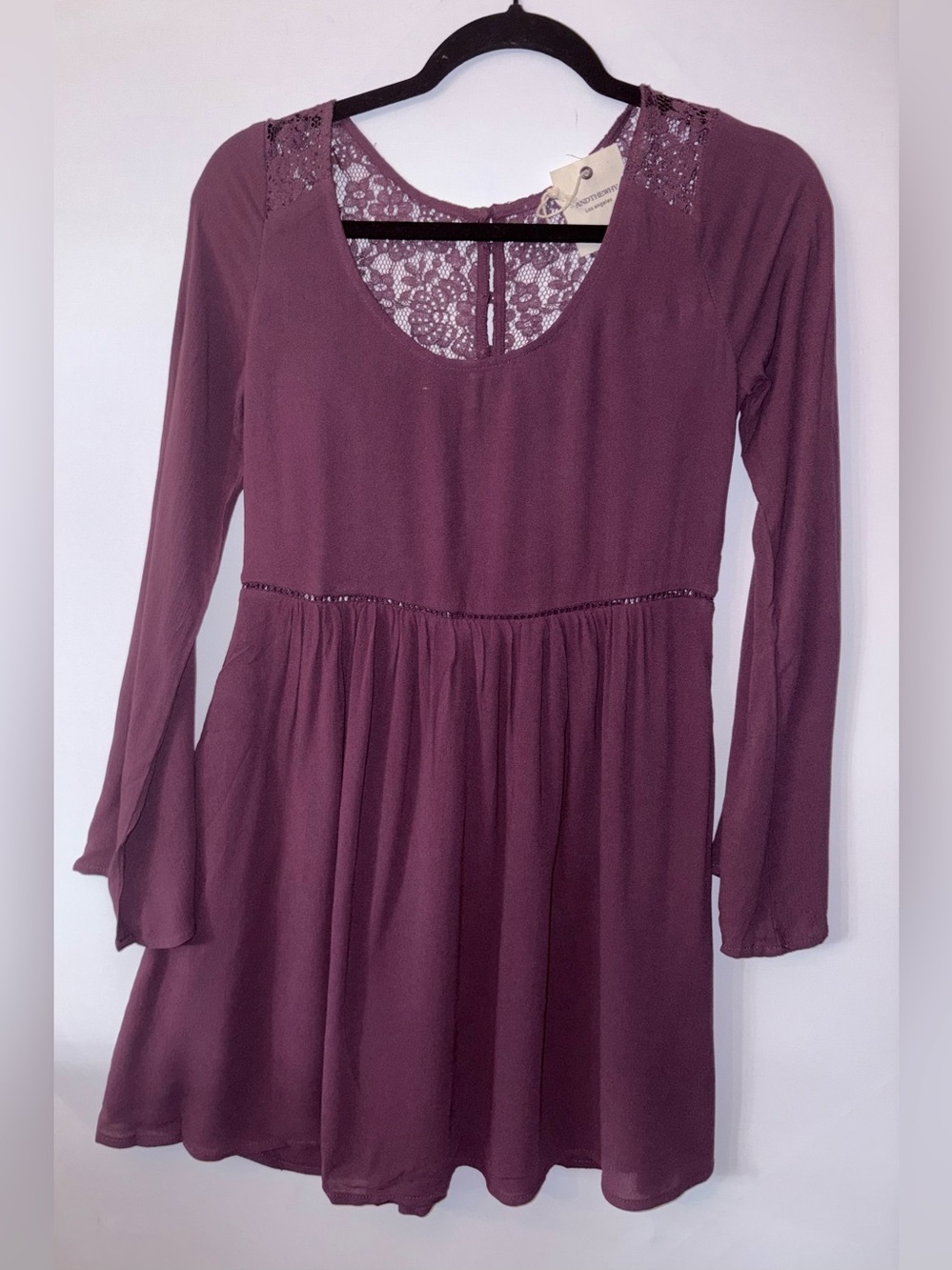 Andthewhy Lace Back Long Sleeve Babydoll Dress - Plum